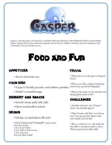 Fall Movie Night Meals, Casper Themed Snacks, Halloween Family Movie Night Dinner, Halloween Themed Dinner And A Movie, Casper Themed Dinner, Fall Movie Night Dinner, Halloween Movie Food And Fun, Disney Halloween Dinner And Movie, Casper Dinner And A Movie