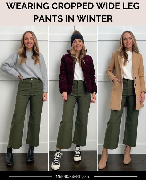 Wide Legged Pants Outfit Winter, Lulu Lemon Wide Leg Pants Outfit, Spring Outfits Brunch, Green Cord Trousers Outfit, Green Cords Outfit, Green Barrel Pants Outfit, Cropped Wide Leg Pants For Work, Womens Wide Leg Pants Outfit, Green Jeans Outfit Winter