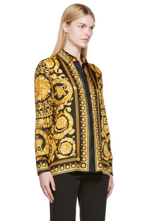 Versace: Black & Gold Silk Shirt | SSENSE Canada Versace Baroque, Jean Trench Coat, Versace Print, Versace Outfit, Sport Swimwear, Twill Shirt, Gold Silk, Silk Twill, Embroidered Silk