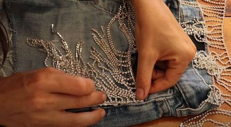 Fringe Rhinestone Jeans, Add Rhinestones To Shirt, Diy Rhinestone Fringe Jean Shorts, Diy Rhinestone Jean Shorts, Rhinestone Fringe Shorts Diy, Diy Rhinestone Fringe Bandana, Diy Rhinestone Fringe Top, Adding Sequins To A Dress Diy, How To Rhinestone A Shirt