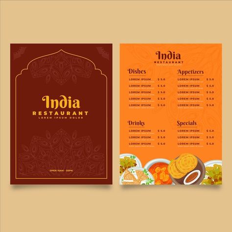 Vector flat indian menu template | Premium Vector #Freepik #vector #menu-restaurante #menu-template #food-menu #menu Indian Food Graphic Design, Simple Menu Card Design, Traditional Menu Design, Indian Menu Design, Menu Design Ideas Templates, Lunch Menu Ideas, Resturant Menu, Indian Food Menu, Restaurant Menu Card