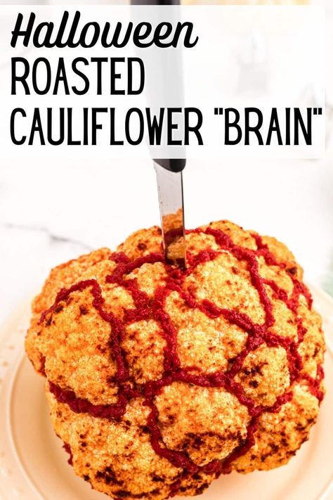 Make this spooky and grotesque Roasted Cauliflower Brains for your Halloween dinner table or Halloween party. This is actually a really healthy and delicious plant-based dish that is gluten-free too. This is a perfect vegetable recipe for the season. Halloween Roasted Veggies, Halloween Cauliflower Skull, Spaghetti Brains Halloween, Halloween Party Food Vegetables, Spooky Veggies For Halloween, Vegetable Halloween Snacks, Gluten Free Halloween Dinner Ideas, Halloween Vegetables Dishes, Vegan Halloween Recipes Savory