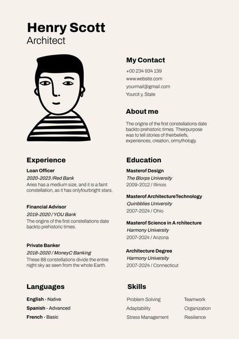 Linear Hand-drawn Henry Scott Architect Resume Art Resume Design, Cv Inspiration Design, Cv Design Architecture, Cv Designer Graphic, Architect Cv, Cv Creative, Graphic Designer Resume, Photo Cv, Curriculum Vitae Design