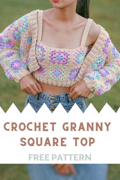 Granny Square Top Outfit, Crochet Granny Top Pattern Free, Granny Square Outfit Ideas, Free Crochet Granny Square Top Patterns, Crochet Granny Square Summer Top, Granny Square Crochet Pattern Top, Granny Square Tops Free Patterns, Crochet Top Granny Square Free Pattern, Cute Crochet Crop Top Pattern