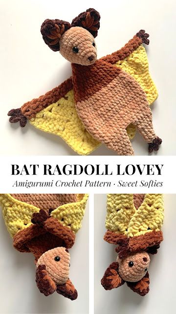 Crochet Bat Lovey Free Pattern, Bat Lovey Pattern, Crochet Bat Lovey, Granny Square Lovey, Lovey Crochet Pattern Free, Bat Lovey, Crochet Lovey Free Pattern, Crochet Stuffies, Crochet Bat