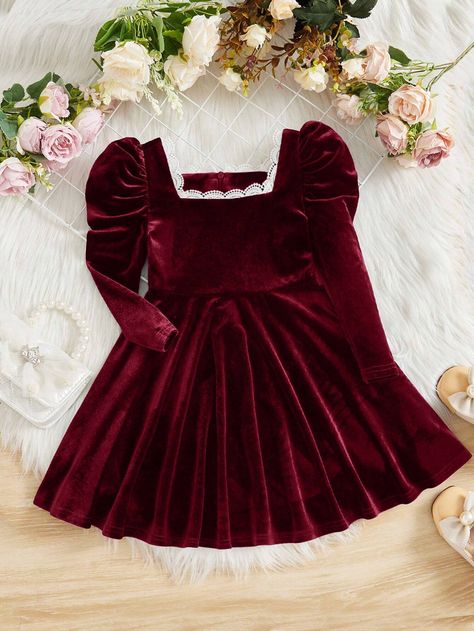 SHEIN Young Girl Square Neck Gigot Sleeve Lace Trim Velvet Dress | SHEIN USA Velvet Dress For Kids Girl, New Baby Dress, Burgundy Party, Frocks For Kids, Gigot Sleeve, Kids Dress Collection, Velvet Dress Designs, Baby Dress Design