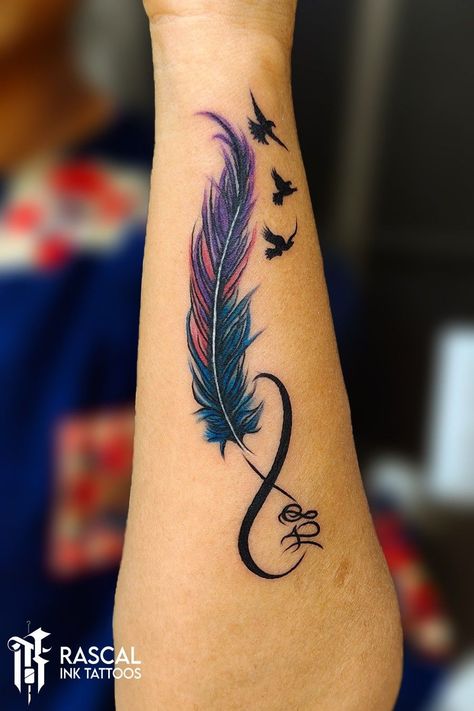 Colorful Feather Tattoo, Typographic Tattoo, Feather Tattoo Colour, Infinity Tattoo With Feather, Mandala Hand Tattoos, Karma Tattoo, Tiny Tattoos For Women, Band Tattoos, Forearm Band Tattoos