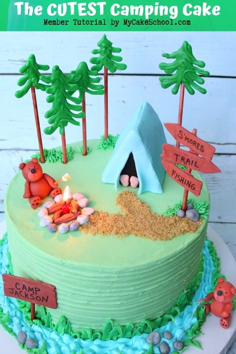 Cute and Easy Camping Cake Tutorial by MyCakeSchool.com! This is such a fun cake to create, and even includes a sweet bear roasting marshmallows over a campfire! Learn cake decorating online through our hundreds of cake decorating video tutorials! Camping Birthday Cake, Camping Cake, Campfire Cake, Camping Cakes, Learn Cake Decorating, Smores Cake, Camping Birthday Party, Simple Cake Designs, Camping Birthday