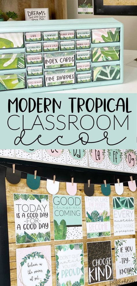 This modern tropical classroom decor will bring a fresh and calming feel to your classroom! Move over Golden Girls! We are taking tropical decor to a whole new level! Modern Tropical Classroom, Tropical Classroom Decor, Tropical Classroom, Plants Classroom, Ashley Mckenzie, Elementary Classroom Themes, Jungle Theme Classroom, Calm Classroom, Jungle Thema