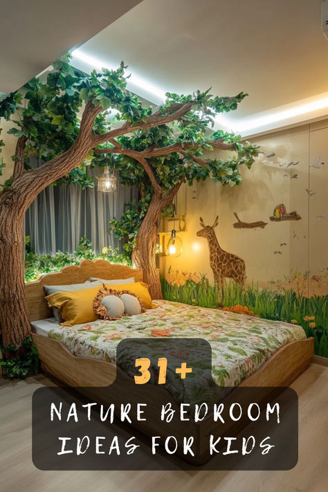 ✨ Ready to bring the outdoors inside? Click to explore 31 magical nature-themed bedroom ideas that will spark your child's imagination. Learn how to create an enchanting space with forest elements and wildlife touches 🌿 #KidsRoom #NatureBedroom #KidsDecor #RoomInspo #KidsInterior #BedroomDesign #NatureDecor Forest Theme Bedrooms For Kids, Nature Bedroom Kids, Jungle Theme Toddler Room, Girl Jungle Room, Boys Camping Bedroom, Small Childrens Bedroom Ideas, Nature Themed Kids Room, Animal Bedroom Kids, Kids Forest Bedroom