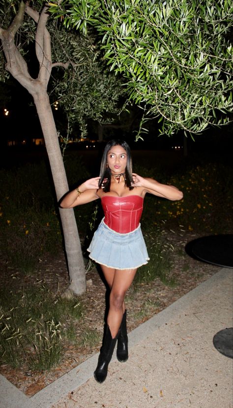 red corset top // pleated mini skirt // pleated denim mini skirt // cowboy boot fits // game day outfits // red outfits // edikted outfits —— use my code : NORAHK10 for 10% off both top and bottoms on Edikted :) Corset And Pleated Skirt Outfit, Denim Pleated Skirt Outfit, Pleated Denim Skirt Outfit, Mini Pleated Skirt Outfit, Red Bustier Top, Pleated Denim Mini Skirt, Mini Skirt Pleated, Red Corset Top, Denim Pleated Skirt