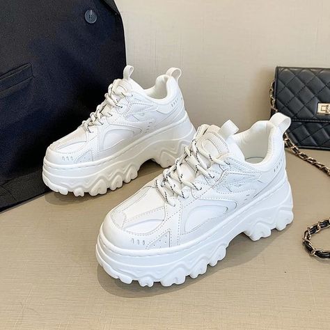 #shoes #nike #aesthetic #white #minimalist #fashion Shoes Korean Style Sneakers, Thick Shoes Platform, Korean Platform Shoes, Chunky Korean Shoes, White Female Sneakers, Chunky White Shoe, Thick Platform Shoes, Platform White Shoes, Korean Shoes For Women