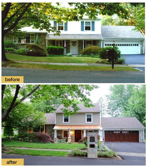 Curb appeal update with Clopay faux wood carriage house garage door and Craftsman Collection fiberglass front door. www.clopaydoor.com Siding Update, Mid Century Colonial, Carriage Garage, Garage Door Ideas, Carriage Style Garage Doors, Colonial House Exteriors, Carriage House Garage, Craftsman Homes, Fireplace Frame