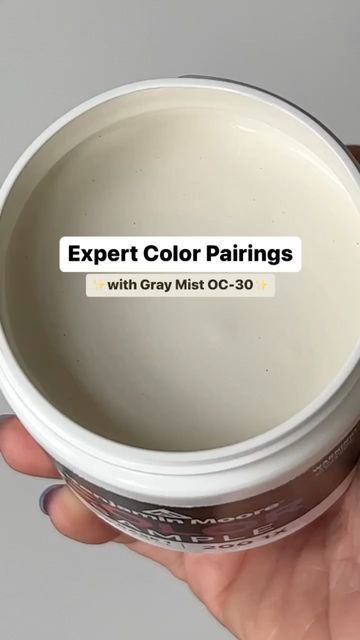 Benjamin Moore on Instagram: "We’re revisiting some of our expert’s favorite pairings for Gray Mist OC-30. Gray Mist OC-30 is versatile enough to go along with most hues, but this off-white with greige undertones looks especially flattering with the cool Gossamer Blue 2123-40 or rich Soot 2129-20. Which combo is your favorite? #BenjaminMoore #Paint #ColorInspiration #PaintColors #DIY #Home #InteriorDesign" Benjamin Moore Gray Mist Exterior, Gray Mist Benjamin Moore Exterior, Gray Mist Benjamin Moore Cabinets, Grey Mist Benjamin Moore, Gray Mist Benjamin Moore, Benjamin Moore Fog Mist, October Mist Paint Color, Fog Mist Benjamin Moore, Benjamin Moore Gray Mist