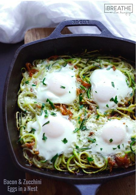 Low Carb Veggie, Eggs In A Nest, Bacon Zucchini, Whole 30 Approved, Spiralizer Recipes, Healthy Breakfasts, Low Carb Breakfast Recipes, Low Carb Eating, Paleo Breakfast