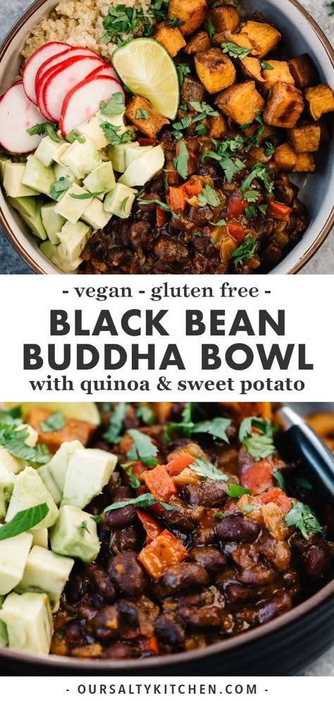 Move over black beans and rice, and make room for these Black Bean Buddha Bowls! Citrus black beans are layered with with sweet potato and quinoa, then topped with avocado and cilantro. This simple and hearty black bean quinoa bowl is packed with tons of flavor and nutrition, and is naturally vegan and gluten free. It's a simple, quick and satisfying recipe perfect for weeknight dinner or meal prep. #glutenfree #vegan #blackbeans #buddhabowl #cleaneating Black Bean Buddha Bowl, Black Bean Quinoa Bowl, Sweet Potato And Quinoa, Quinoa Sweet Potato, Buddha Bowls Recipe, Halloween Food Appetizers, Vegan Buddha Bowl, Black Beans And Rice, Black Bean Quinoa