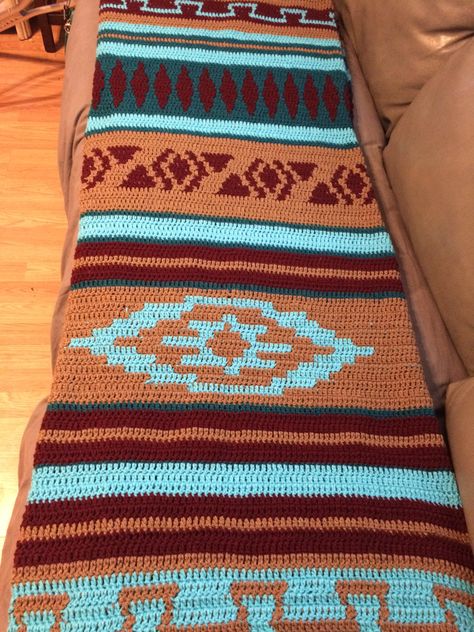 Crochet Navajo Aztec Afghan Blanket i made for my daughter Crochet Western Blanket Pattern, Aztec Knitting Pattern, Aztec Crochet Blanket Pattern, Aztec Crochet Blanket, Crochet Western Blanket, Cowboy Crochet Blanket, Crochet Mexican Blanket, Western Crochet Ideas, Western Crochet Patterns