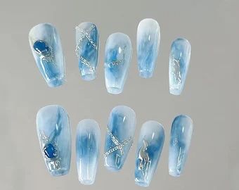 SevenNailsArt - Etsy Vietnam Creamy White Nails, Trendy Manicure, Sky Blue Nails, Beachy Nails, Tranquil Blue, Beauty Hacks Nails, Sky Nails, Punk Nails, Perfect Manicure