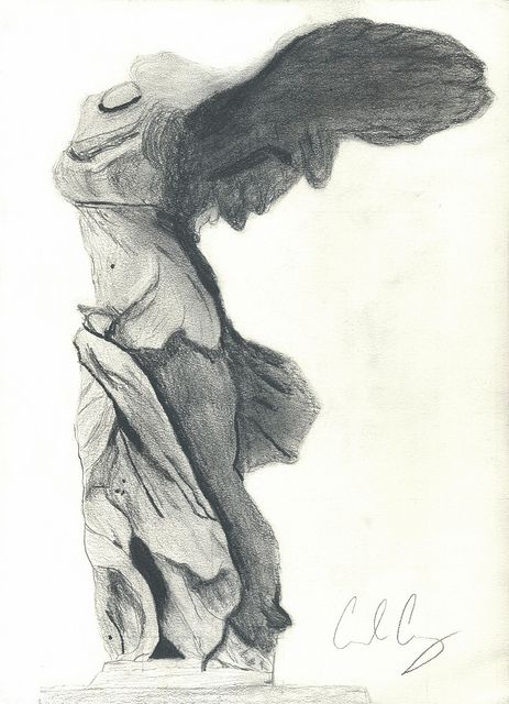 Here is a drawing of the Winged Victory Nike of Samothrace that I did for my Art History Class.  I think it turned out quite well since I haven't drawn anything free hand since about fourth grade. Winged Victory Of Samothrace Drawing, The Winged Victory, Nike Of Samothrace, Charles Bargue, Musee Du Louvre, Winged Victory Of Samothrace, Winged Victory, Pinterest Life, History Class