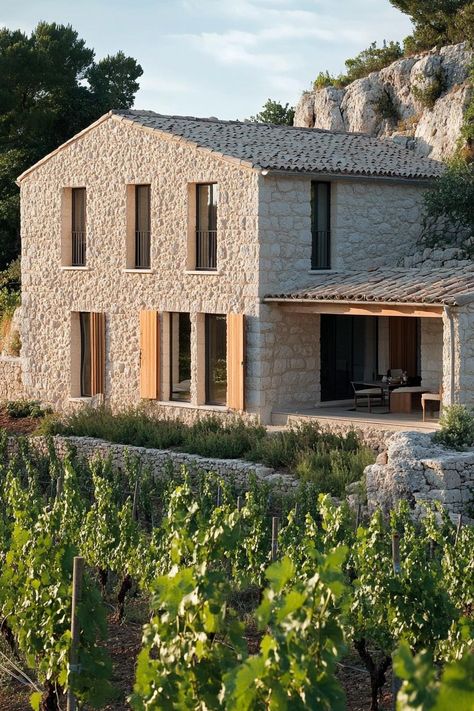 40 Charming French Mediterranean Homes You’ll Love Mediterranean Stone House, French Mediterranean Home, Vineyard Landscape, Tuscan Homes, Mediterranean Houses, Luxury Mediterranean Homes, French Mediterranean, Sustainable House Design, Vineyard House