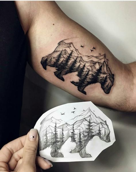 Mountain Tattoos For Men - 62 Simple Designs, Ideas & Meaning Mountains Tattoo, Tatuagem Masculina Pequena, Model Tattoo, Sparrow Tattoo, Bear Tattoos, Forest Tattoos, Cat Tattoos, Hawaiian Tattoo, Bear Tattoo