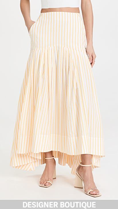 rosie assoulin | SHOPBOP Rosie Assoulin, Mid Length Skirts, Summer Skirts, Yellow Stripes, Curator Style, White Skirts, Beauty Inspiration, Stripes Pattern, High Low