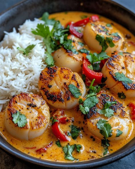 Spicy Coconut Curry Scallops: A Tropical Delight Healthy Scallop Recipes Clean Eating, Scallops And Prawns Recipe, Spicy Coconut Curry Scallops, Coconut Curry Scallops, Scallop Dinner Recipes, Thai Scallops, Scallop Curry, Scallops Dinner Ideas, Curry Scallops