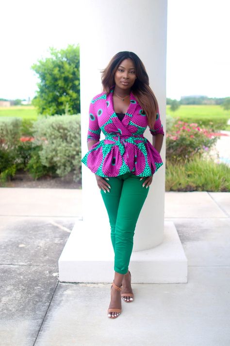 Ankara Peplum Jacket + Cigarette pants | Irony of Ashi Ankara Peplum Top Outfits, Peplum Jacket Outfit, Peplum Top Outfits, Ankara Skirt Styles, Ankara Peplum Tops, Ankara Blouse, Ankara Jackets, African Blouses, Trendy Ankara Styles