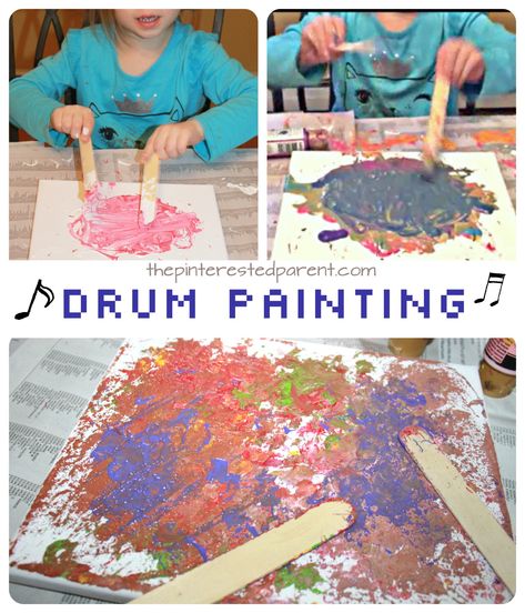 This is a fun and messy piece of process art that the kids will love. Turn up the music and then drum and splatter and paint away. Hands On Music Activities, Preschool Activities Music, Music And Instruments Preschool Theme, Musical Genres Preschool, Music Activities For Babies, Music Activity For Preschool, Music Activities For Preschool, Music Preschool Activities, Music Activities For Toddlers