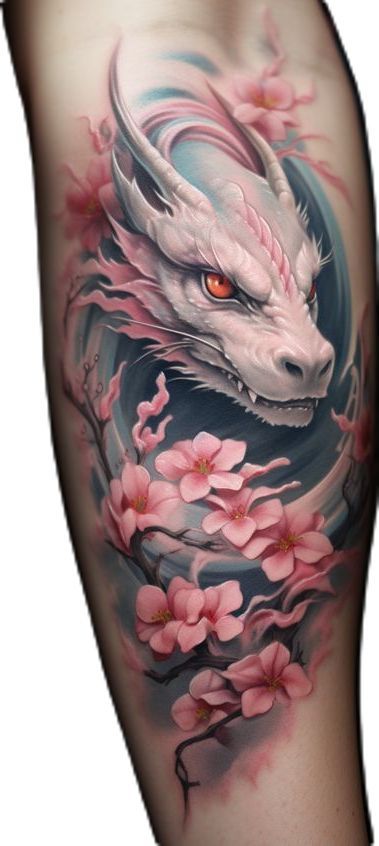 Pink Dragon Tattoo For Women, Pink Dragon Tattoo, Dragon And Flower Tattoo, White Dragon Tattoo, Pasta Tattoo, Dragon Tattoo With Flowers, Plant Dragon, Dragon Head Tattoo, Dragon Tattoo Art