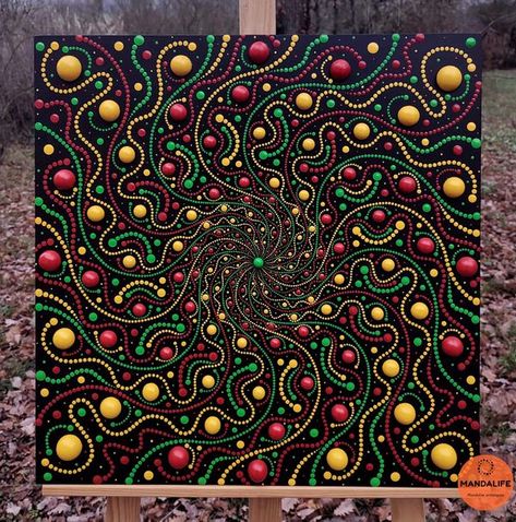 Dot Mandalas for Beginners | "Trippy Rasta" Mixed media painting with acrylic and wood 50*50cm ❤️💛💚 | Facebook Wine And Canvas, Geometric Design Art, Mandala Design Pattern, Square Canvas, Mandala Dots, Dot Art Painting, Craft Room Organization, Mixed Media Painting, Dot Painting