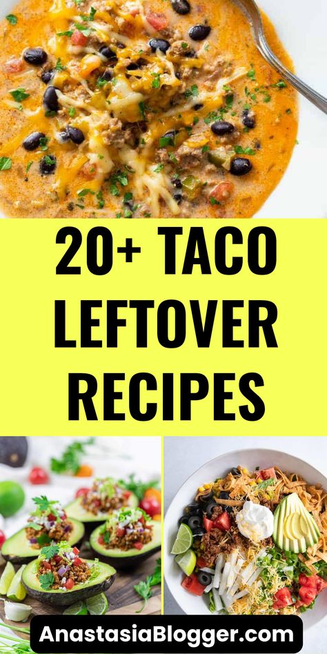 Explore 20+ incredible recipes to elevate leftover taco meat! This SEO-optimized pin showcases three vibrant images of flavorful meals, such as burritos, tacos, and enchiladas, inviting users to discover inventive ways to use taco leftovers. Taco Meat Freezer Meals, Dishes With Taco Meat, Leftover Enchiladas What To Do With, Fajita Leftover Ideas, Leftover Taco Meat Soup, Meals With Leftover Taco Meat, Meals Using Taco Meat, Leftover Taco Chicken Recipes, Recipes For Leftover Taco Meat