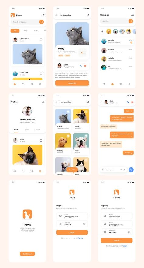 Pet Adoption Mobile App UI Template FIG, XD, PSD. 31 IOS Screens. Mobile App Design Templates, Personal Project Ideas, Mobile Website Design, Cat App, Book Illustration Design, Digital Design Trends, App Interface Design, App Template, App Interface