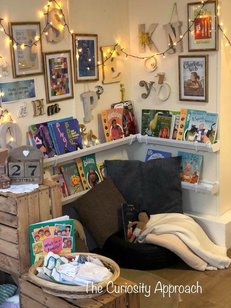 Eyfs Reading Corner Ideas, Book Corner Curiosity Approach, Curiosity Approach Book Area, Book Areas Early Years, Curiosity Approach Book Corner, Curiosity Approach Reading Area, Book Corner Ideas Childcare, Eyfs Book Corner, Curiosity Approach Home Corner