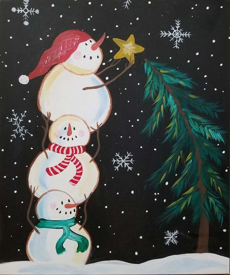 Snowman Tree Topper, Wine Bottle Crafts Christmas, Christmas Window Painting, Christmas Canvas Art, Painting Parties, Winter Art Projects, Christmas Paintings On Canvas, Best Paint, Christmas Rock