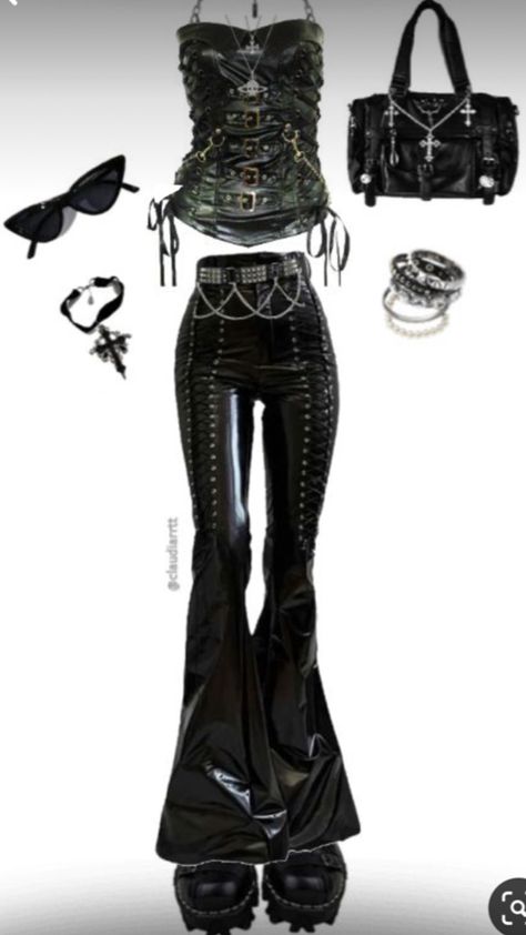 00s Goth Fashion, Y2k Grunge Goth Outfits, Alt Kpop Outfits, Gothic Emo Fashion, Biker Goth Outfit, Disco Goth Outfit, Dark Goth Clothes, Goth Performance Outfits, Pvc Goth Outfit