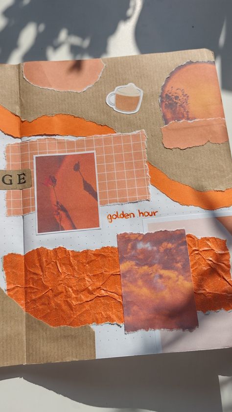 Learning Diary Creative, Orange Scrapbook Aesthetic, Orange Journal Aesthetic, Orange Scrapbook Ideas, Creative School Project Ideas Unique, Orange Journal Ideas, Orange Theme Journal, First Page Journal Ideas Aesthetic, Orange Scrapbook