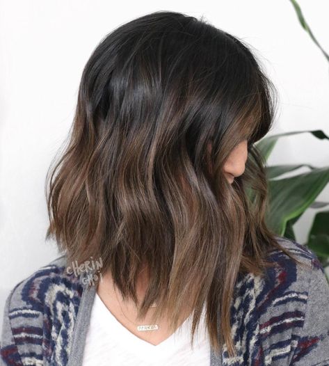 Low Maintenance Balayage Dark Hair, Long Hair Bun Styles, Short Fall Hair, Cherin Choi, Hair Bun Styles, Fall Brunette, Medium Brunette, Short Hair Fringe, Fall Highlights