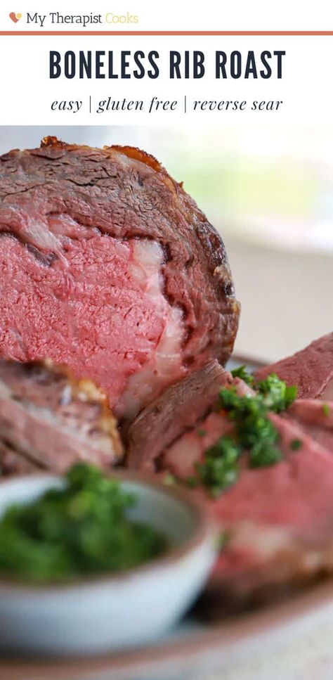 How to make the best ever boneless prime rib! This Christmas rib roast cooks low and slow then finishes at a high heat for a super crispy crust. This version uses just two ingredients and has a homemade parsley chimichurri as the sauce for prime rib. You. Will. Love. This. via @howertonhastings Christmas Rib Roast, Prime Rib Easy, Sauce For Prime Rib, Brine Ribs, Prime Rib Cooking Times, Boneless Prime Rib Recipe, Boneless Prime Rib, Prime Rib Sauce, Dry Brine