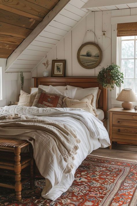 Vintage farmhouse bedroom decor holds a special place in my heart because of its timeless appeal and rustic elegance. The combination of distressed wood, muted color palettes, and delicate floral patterns exudes a sense of tranquility and nostalgia. Vintage Style Room Decor, Vintage Rustic Bedroom Ideas, Cozy European Home, British Country Style Interior, Vintage Inspired Bedroom Ideas, Cottage Core Guest Bedroom, Bedroom Ideas Mountain, Farmhouse Room Bedrooms, Rustic Small Bedroom Ideas