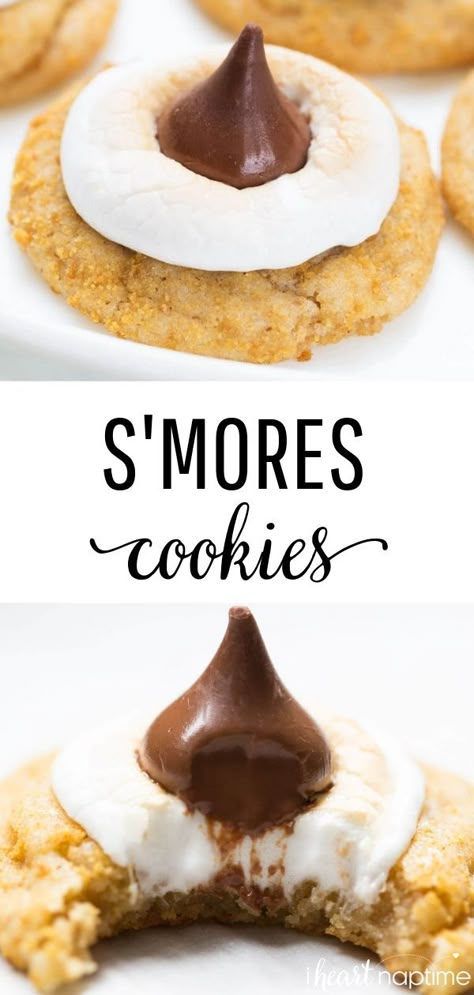 Soft and chewy smores cookies with a buttery graham cracker flavored dough, a gooey marshmallow and chocolate kiss on top! This summer treat is even better than the traditional smores and no campfire is needed! #smores #smorescookies #summer #summerrecipes #baking #cookies #cookierecipes #marshmallow #desserts #summerdesserts #recipes #food #foodrecipes #iheartnaptime Smores Cookies Recipes, Marshmallow And Chocolate, Biscuits Graham, Smores Cookies, Cowboy Caviar, Almond Joy, S'mores, Baked Dessert Recipes, Köstliche Desserts