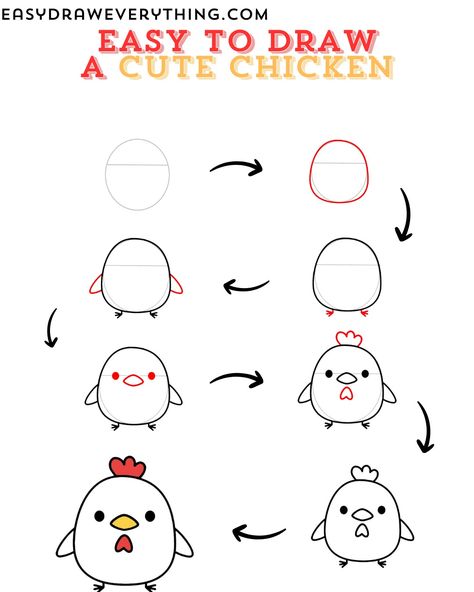 Easy and cute chicken drawing Draw Chicken, How To Draw Chicken, Chicken Drawing Easy, Chicken Drawing Simple, Simple Chicken Drawing, Simple Drawing Ideas Easy Step By Step, How To Draw A Chicken Step By Step, Easy To Draw Animals, How To Draw A Chicken