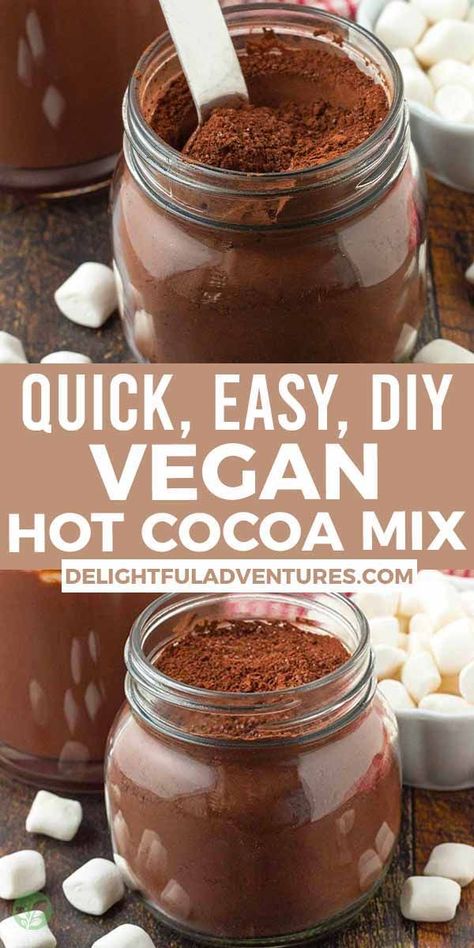 Forget the store-bought hot cocoa packets and make your own! This homemade, dairy-free, DIY vegan hot chocolate mix is made with just three simple ingredients, no powdered milk! It's an easy, gluten-free vegan hot cocoa mix that's great to have on hand for cold days. It also makes a fantastic non-dairy gift for teachers, hosts, friends, family, and more! Coconut Powder Recipes, Vegan Hot Chocolate Mix Recipe, Vegan Hot Chocolate Recipe, Vegan Hot Cocoa, Iced Hot Chocolate, Sugar Free Hot Chocolate, Dairy Free Hot Chocolate, Spicy Hot Chocolate, Christmas Entertainment