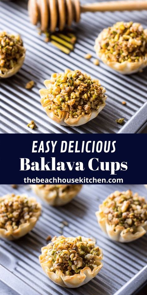 These Baklava Cups taste just like the real deal, only 100 times easier! These are a mini dessert that's BIG on flavor! Baklava Cups, Mini Baklava Cups, Pecan Caramel Baklava Cups, Honey Baklava Cheesecake, Baklava Cheesecake Bites, Baklava Flavors, Chocolate Baklava, Easter Dessert Table, Baklava Recipe