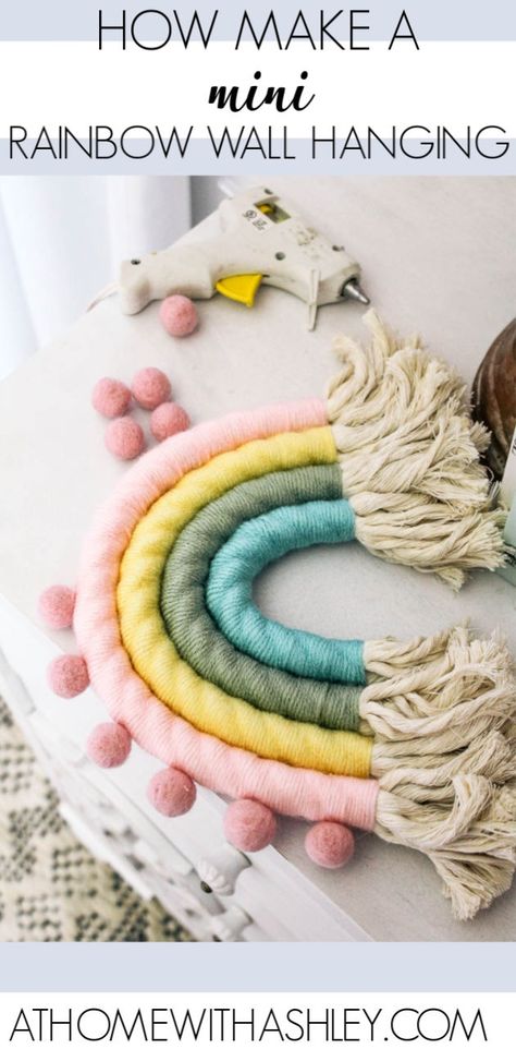 mini macrame rainbow wall hanging. Using cotton rope wrapped in yarn, here's a diy tutorial with step by step easy instructions. How to make a small fiber colorful rainbow. It's decorative and SO cute for a nursery or a girl rooms or play room Rainbow Room Decor Diy, Yarn Rainbow Diy, Macrame Rainbow, Rainbow Ornaments, Rainbow Diy, Rainbow Macrame, Rainbow Wall Hanging, Diy Yarn Crafts, Mini Macrame