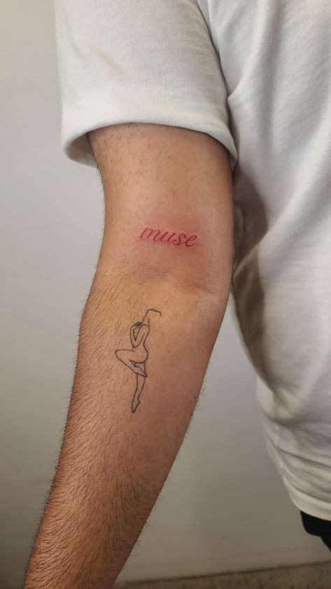 Muse and Ballerina Line tattoo Dancers Tattoo Ideas, I Am My Own Muse Tattoo, My Own Muse Tattoo, Dance Inspired Tattoos, Just Dance Tattoo, Muse Tattoo Words, Ballet Tattoo Minimalist, Dance Tattoo Ideas Dancers, Dance Related Tattoos