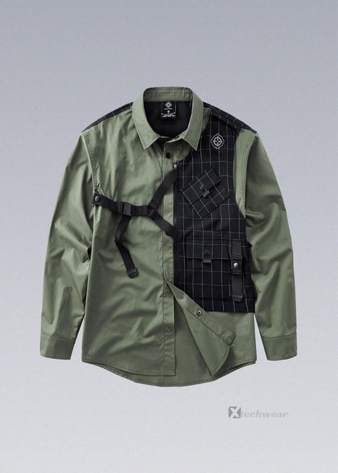 These Tactical Fake-two Shirts are printed with reflective material for added safety at night. Removable fake two-pieces elevate Techwear Fashion attributes. Techwear Shorts, Techwear Shirt, Techwear Hoodie, Techwear Men, Tactical Fashion, Unique Clothing Style, Tactical Wear, Techwear Fashion, Custom Leather Jackets