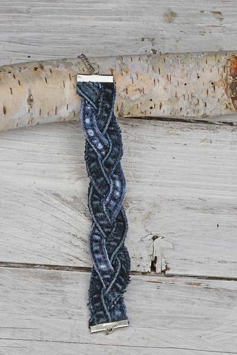 An Easy DIY Denim Bracelet From Old Jeans Denim Scarf Diy Old Jeans, Diy Denim Bracelets, Diy Old Jeans, Fabric Cuff Bracelet, Denim Bracelet, World Map Necklace, Denim Bows, Sewing Jeans, Jean Fabric