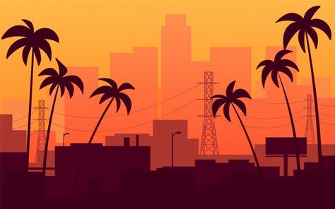 Orange sunset in california, view of the... | Premium Vector #Freepik #vector #tree #city #sky #landscape Sunset In California, Vector Building, Grand Theft Auto Artwork, Designs Background, Sunset Illustration, Palm Trees Landscaping, Sunset Graphic, Gta 6, Tree Mural