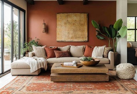 Terracotta Furniture Living Rooms, Boho Colors Living Room, Terracotta Interior Design Living Rooms, Warm Tone Home Interior, Rust Interior Design, Earthy Colorful Living Room, Dark Green And Terracotta Living Room, Rust Colour Living Room, Brown And Terracotta Living Room